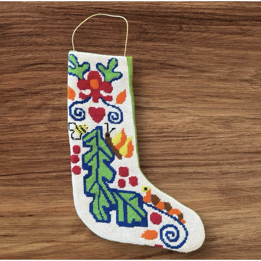 Handmade Needlepoint Christmas Stocking Folk Art Scandi‎ Pennylvania Dutch Retro